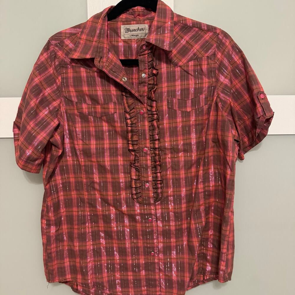 Wrangler Pink Plaid Ruffle Western Snap Button Shirt Women’s Medium